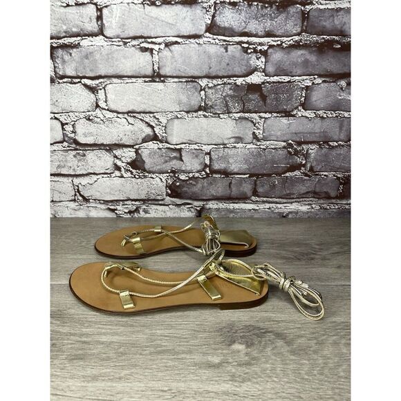 J. Crew Metallic Gold Leather Ankle Wrap Around Sandals Women’s Sz 7.5M US/38EU - Picture 12 of 16